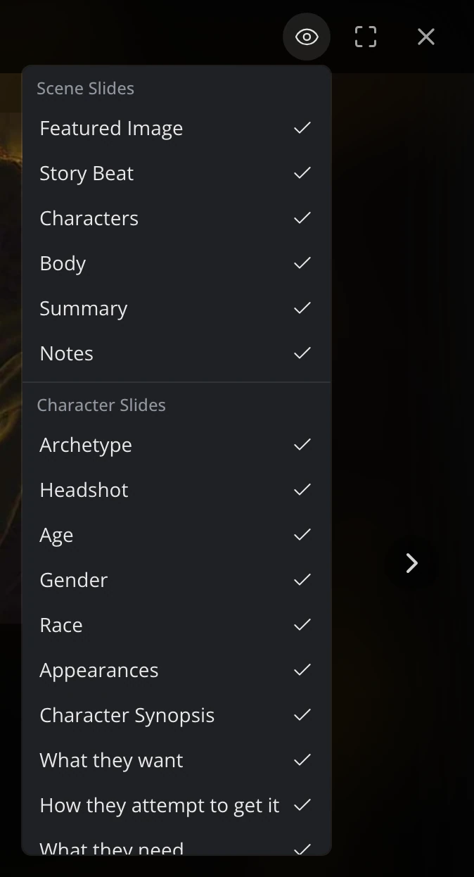 The slideshow's Filter menu, with Scene Slides (Featured Image, Characters, Body, Summary, Notes) and Character Slides groups, every item ticked