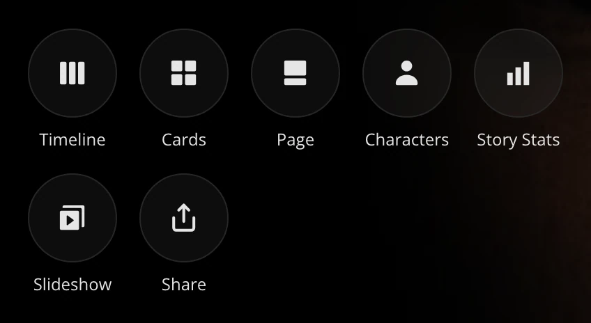 The Home view's buttons: Timeline, Cards, Page, Characters, Story Stats, then Slideshow and Share