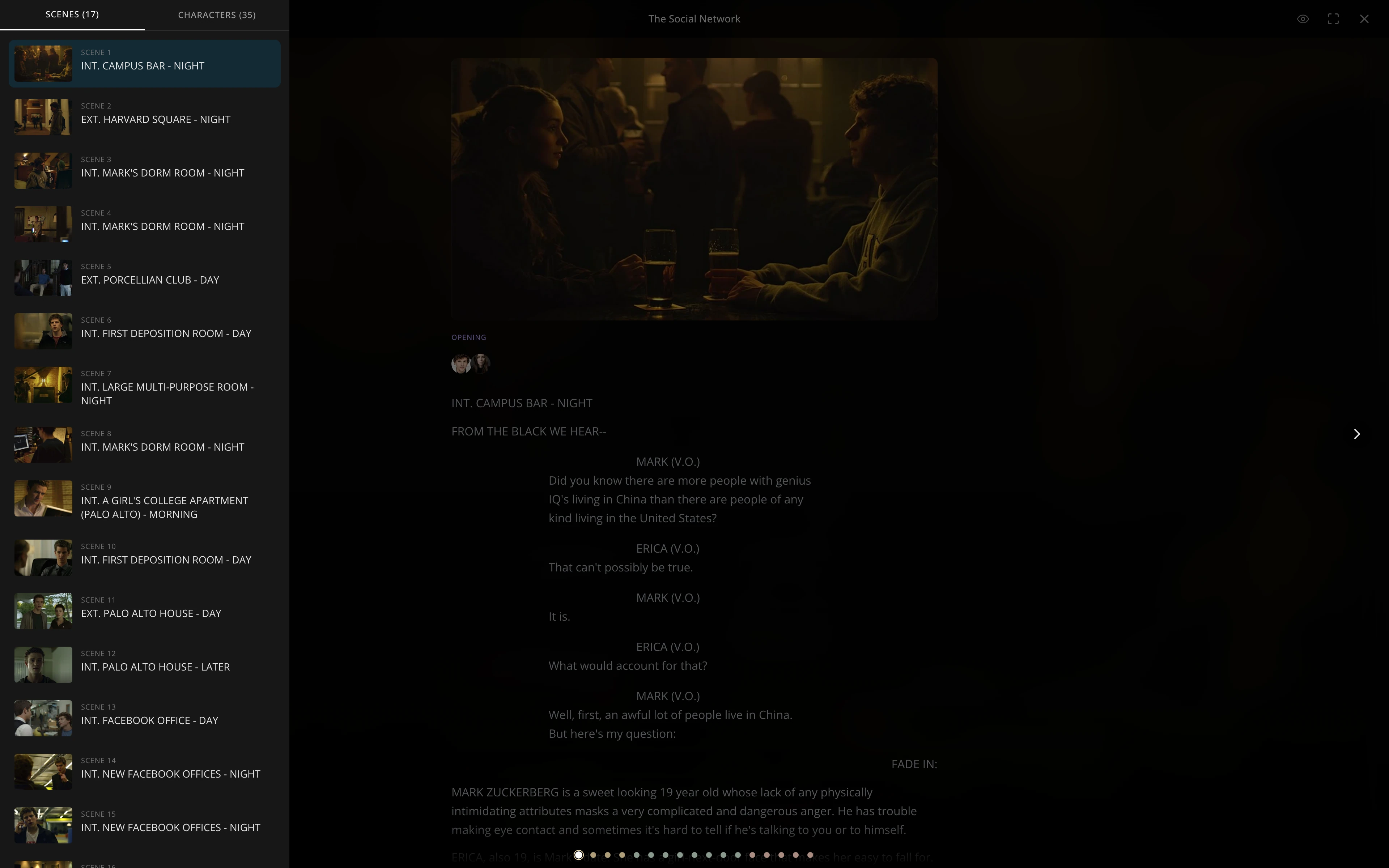 The slideshow menu open on the left, with the Scenes (17) and Characters (35) tabs over a list of scene thumbnails