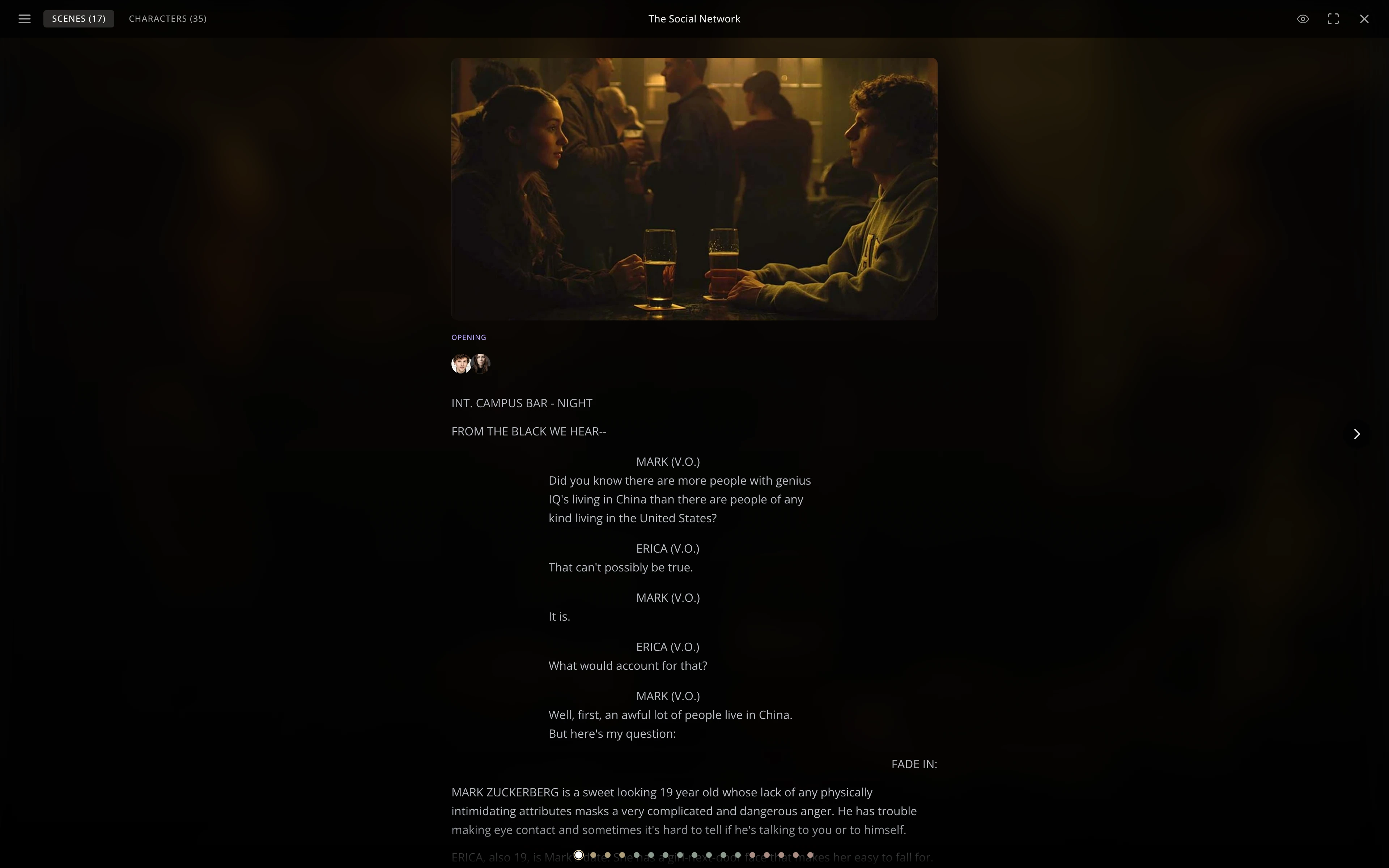 The slideshow open on scene 1: the header, the scene's image, its marker, characters and script, the next arrow and the progress dots