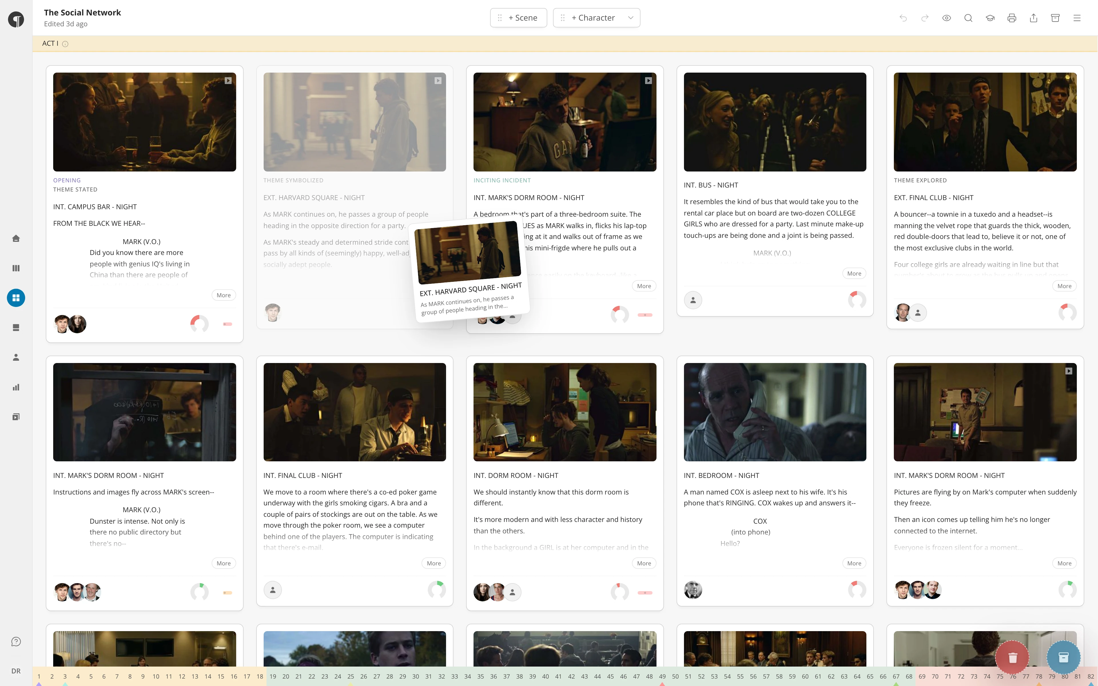 A scene card being dragged in the Cards view, with the Trash and Stash circles in the bottom-right corner