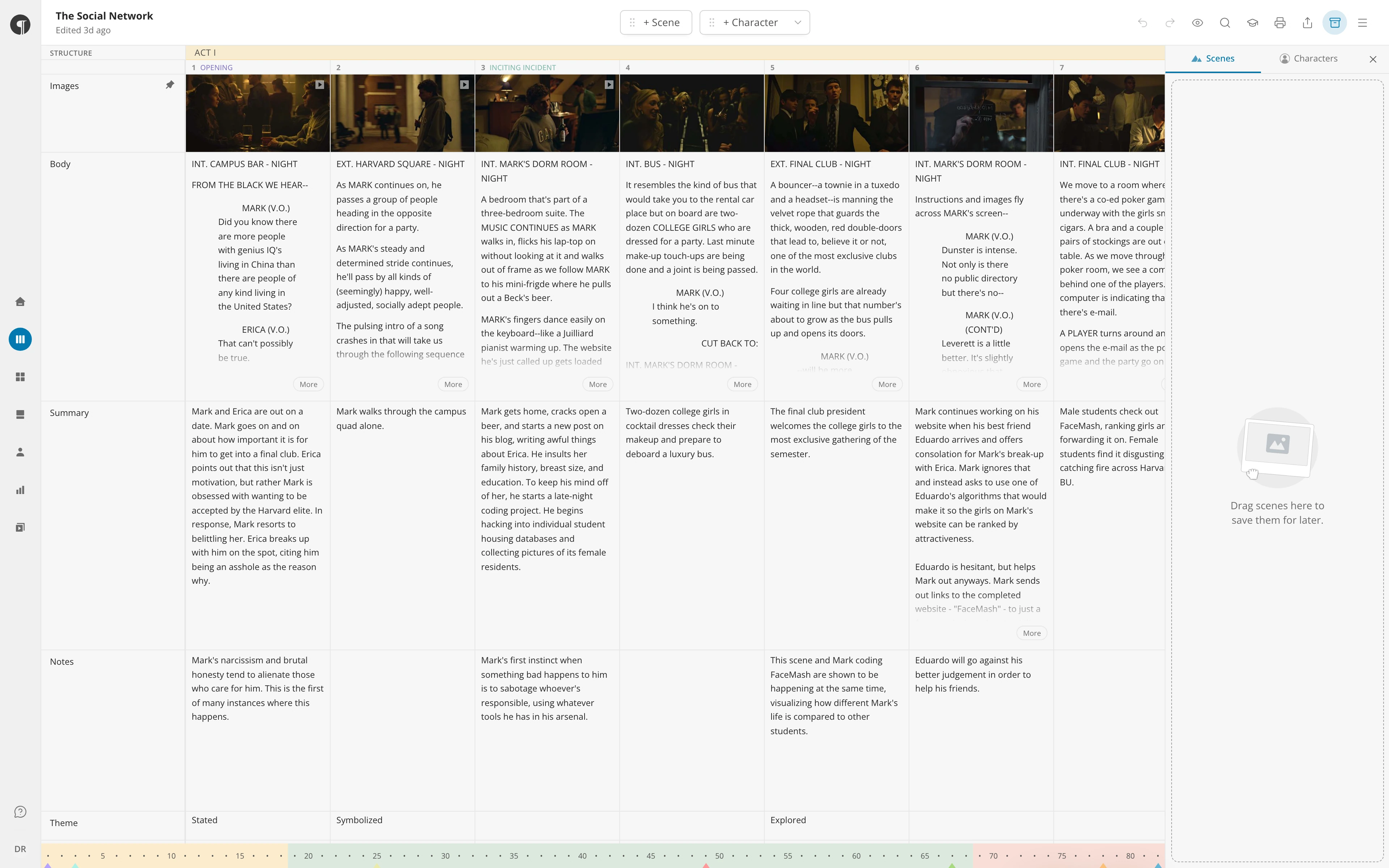 The Timeline with the Stash panel open on the right: its Scenes and Characters tabs, and the empty Stash inviting you to drag scenes here