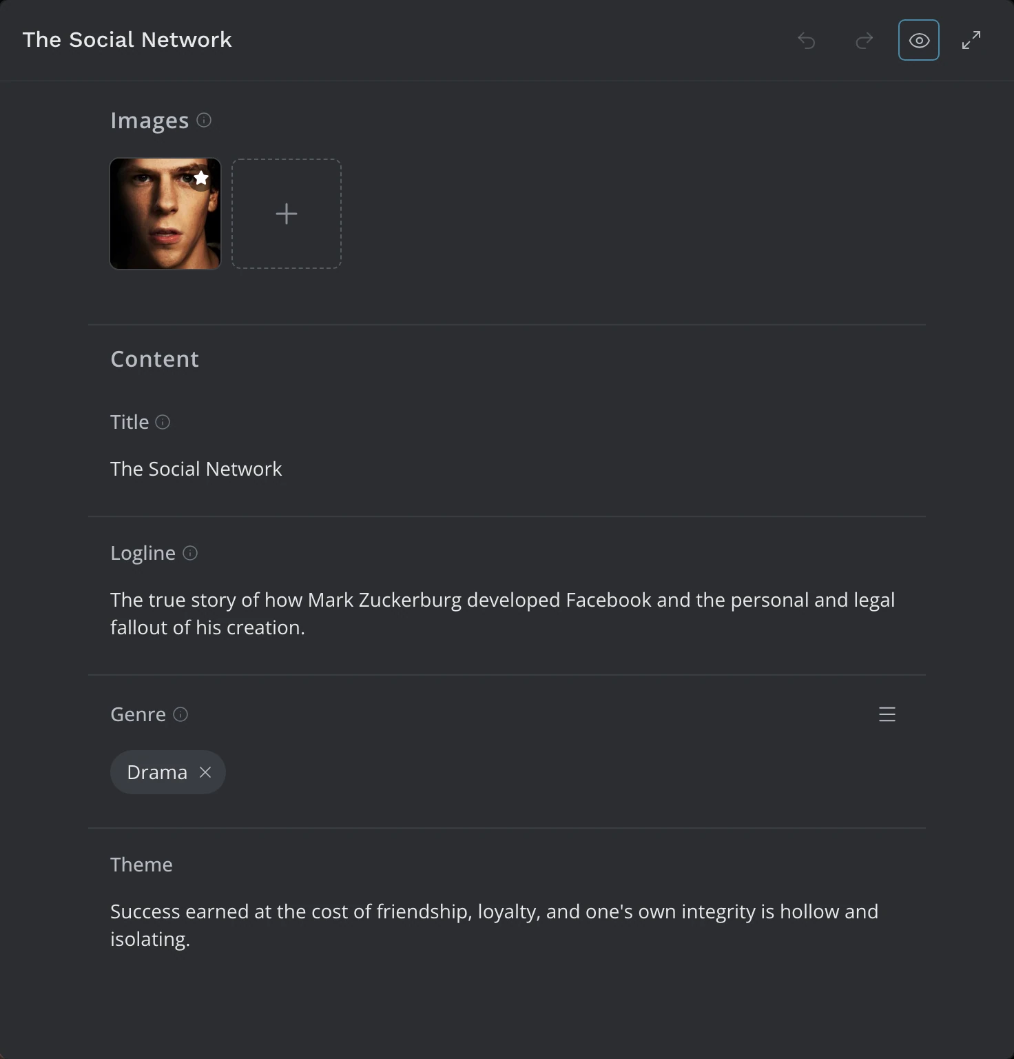 The Edit Window open on the story, with its Images, Title, Logline, Genre and Theme fields