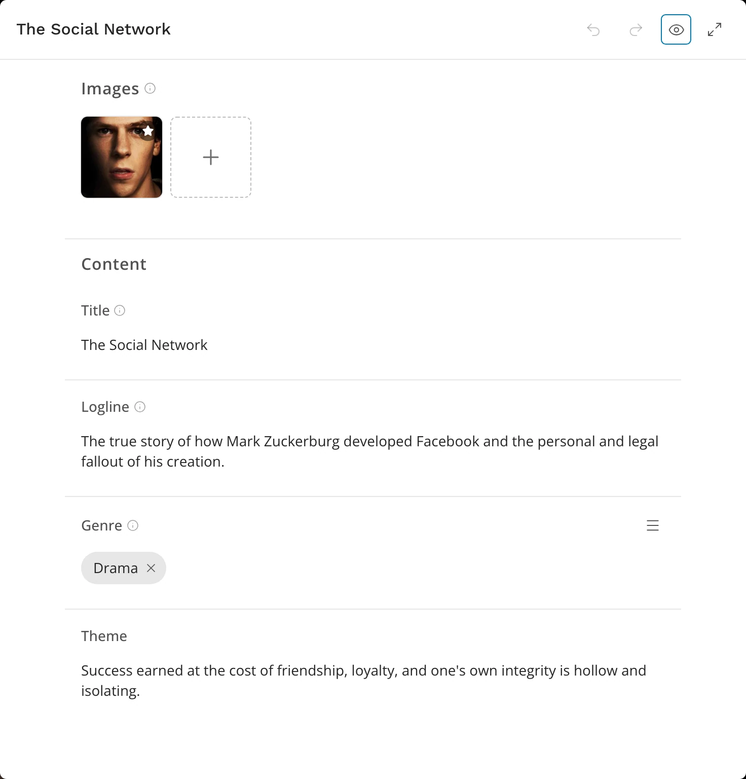 The Edit Window open on the story, with its Images, Title, Logline, Genre and Theme fields