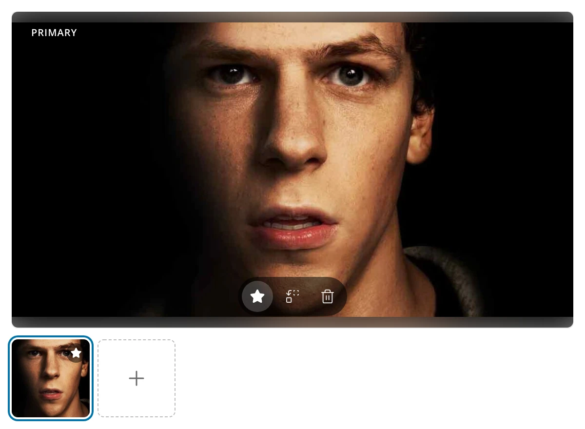 The Images section of the story's Edit Window, with the primary image open above the thumbnails and the star, Replace and trash buttons