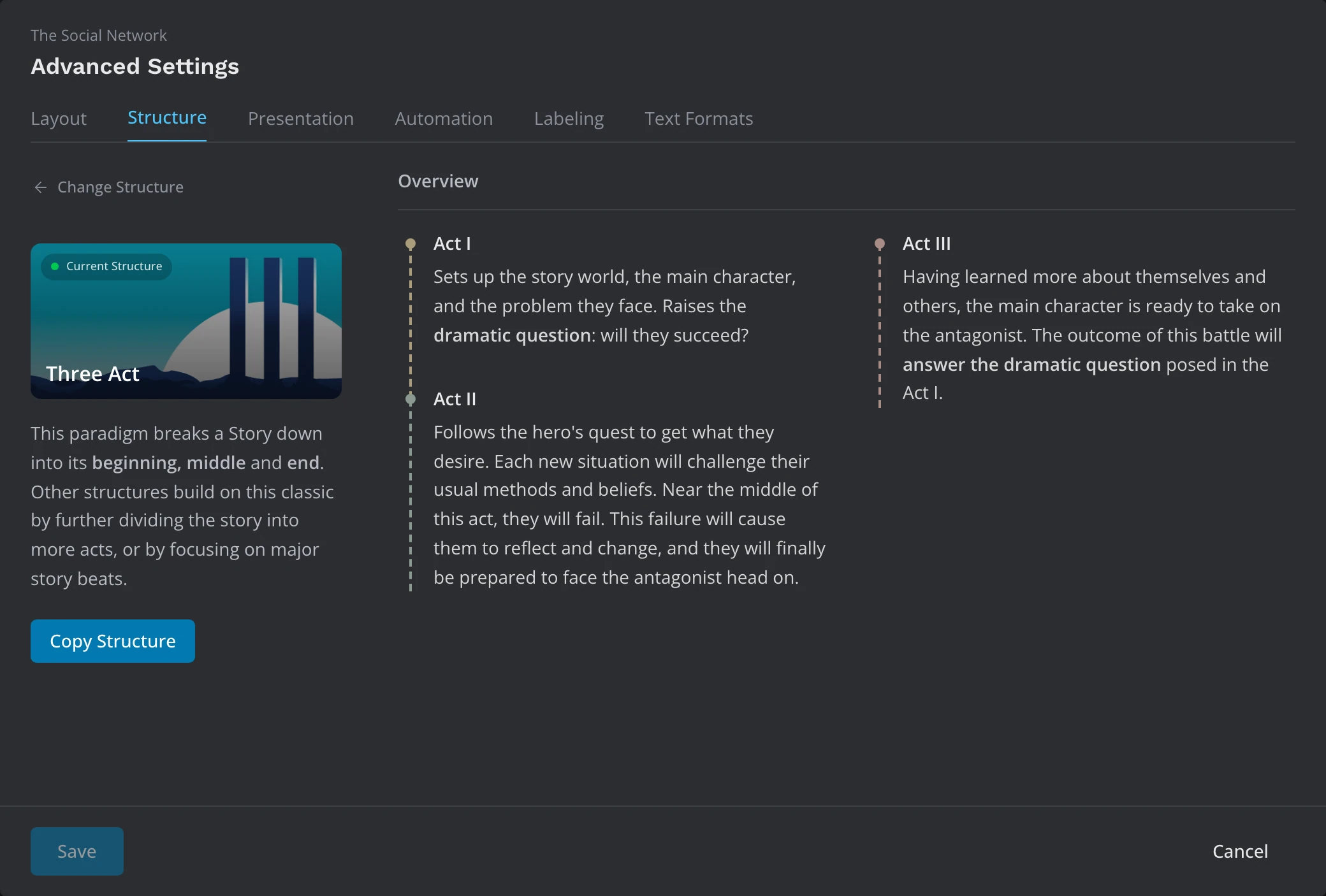 The Structure tab of Advanced Settings, showing the current structure with its acts, the Change Structure link and the Copy Structure button