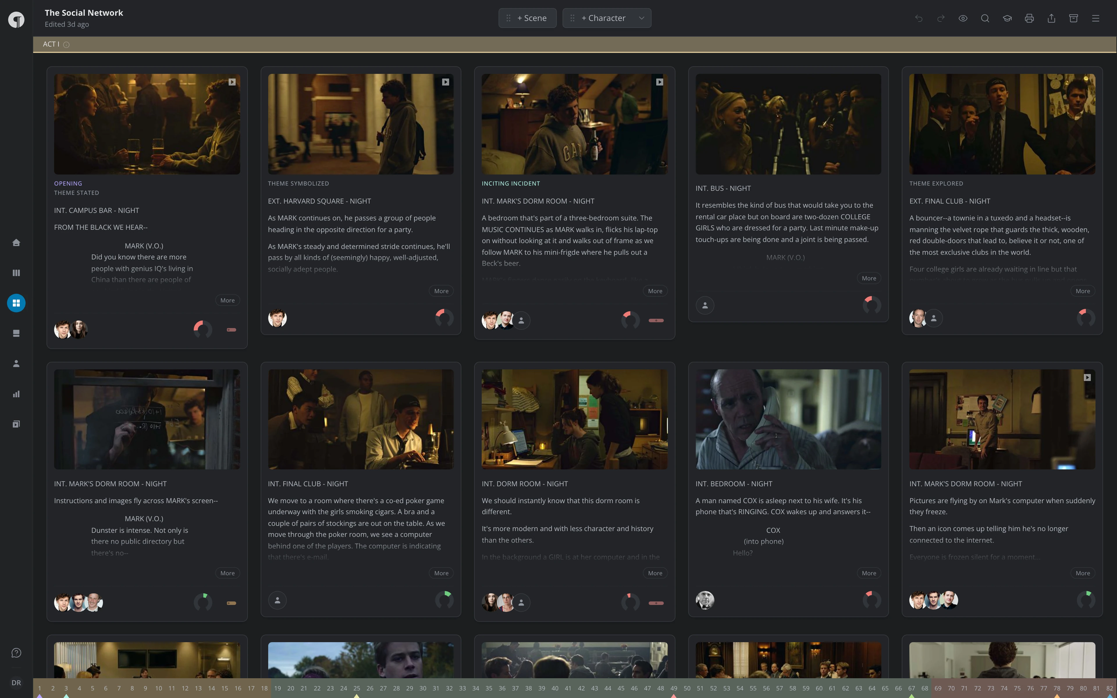The Cards view: the Act I header and a grid of scene cards, each with an image, a heading, text, and character pictures