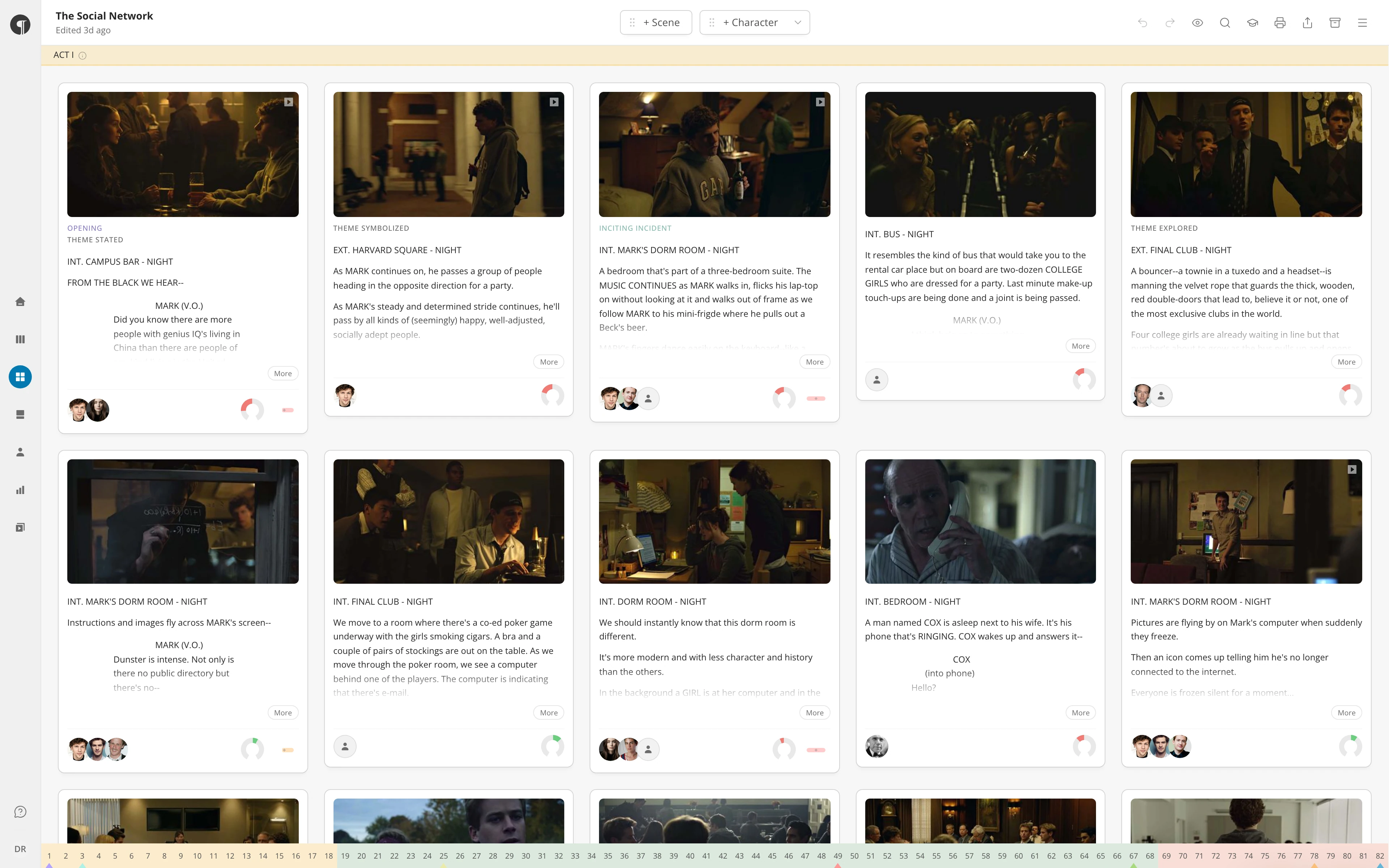 The Cards view: the Act I header and a grid of scene cards, each with an image, a heading, text, and character pictures