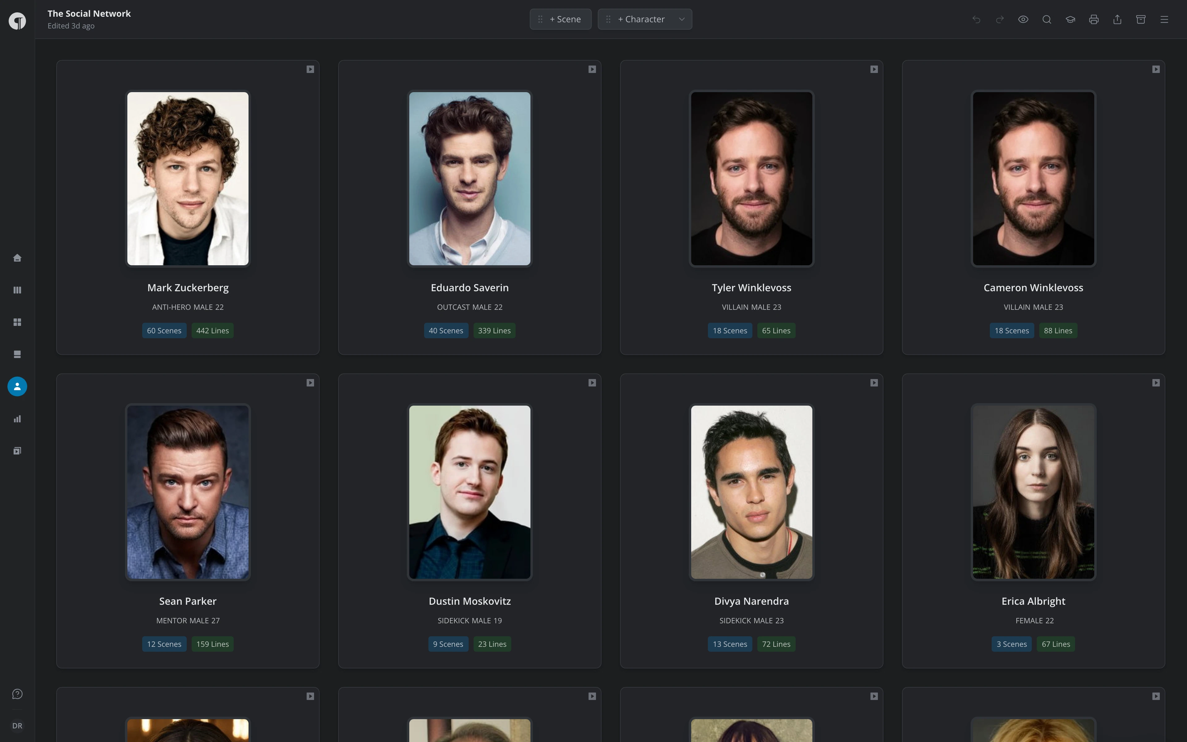 The Characters view: a grid of character cards, each with a headshot, name, details and their scene and line counts