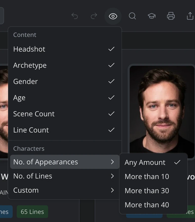 The Characters view's Filter menu, with No. of Appearances open to show its More than options