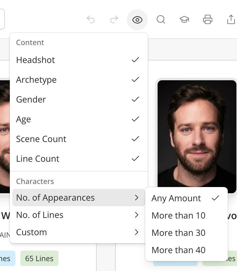 The Characters view's Filter menu, with No. of Appearances open to show its More than options