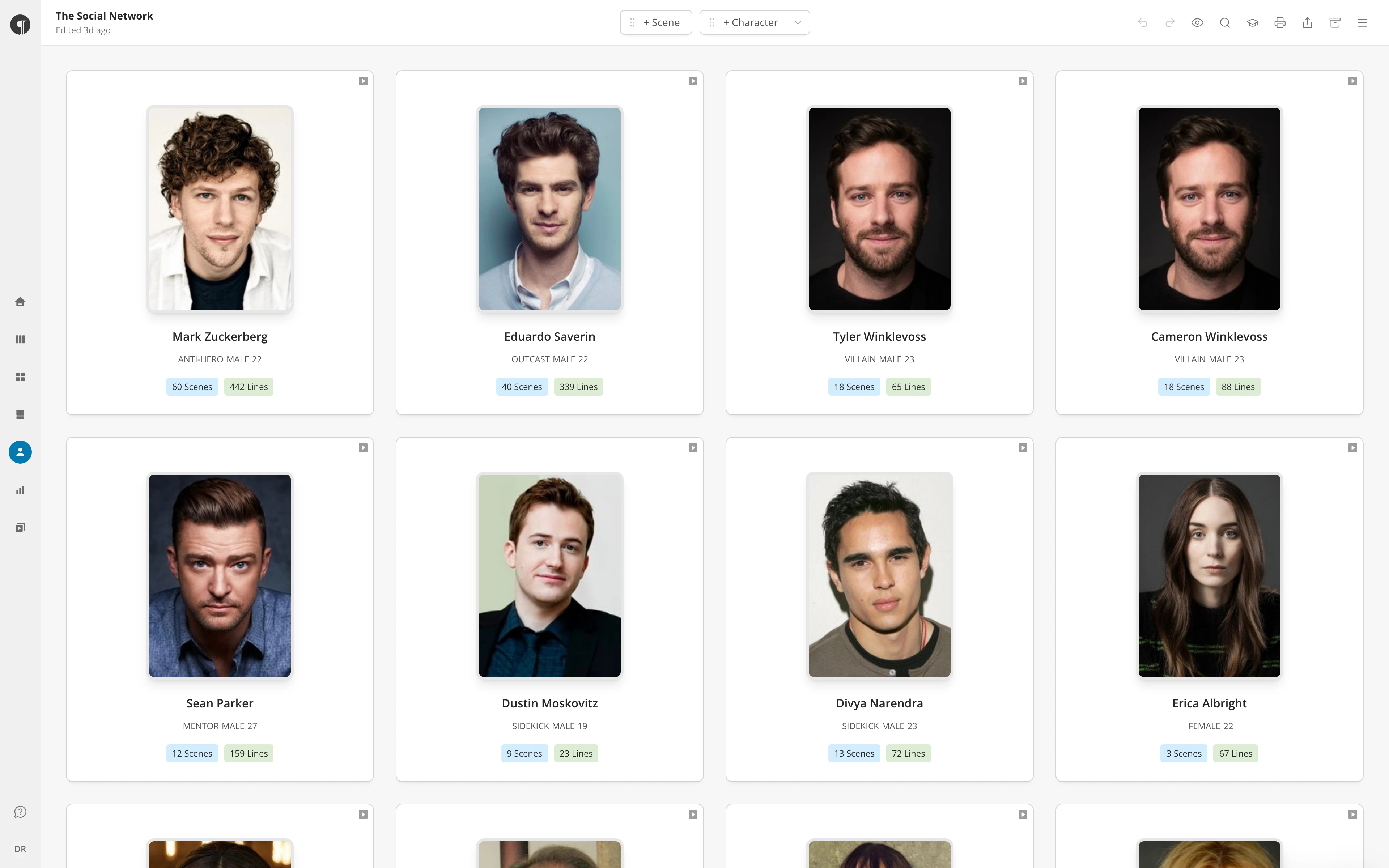 The Characters view: a grid of character cards, each with a headshot, name, details and their scene and line counts