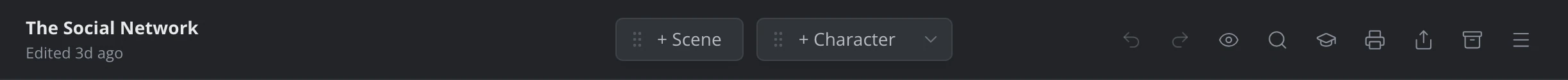 The story header: the story's name and edited time on the left, the + Scene and + Character chips in the middle, and the tool buttons on the right