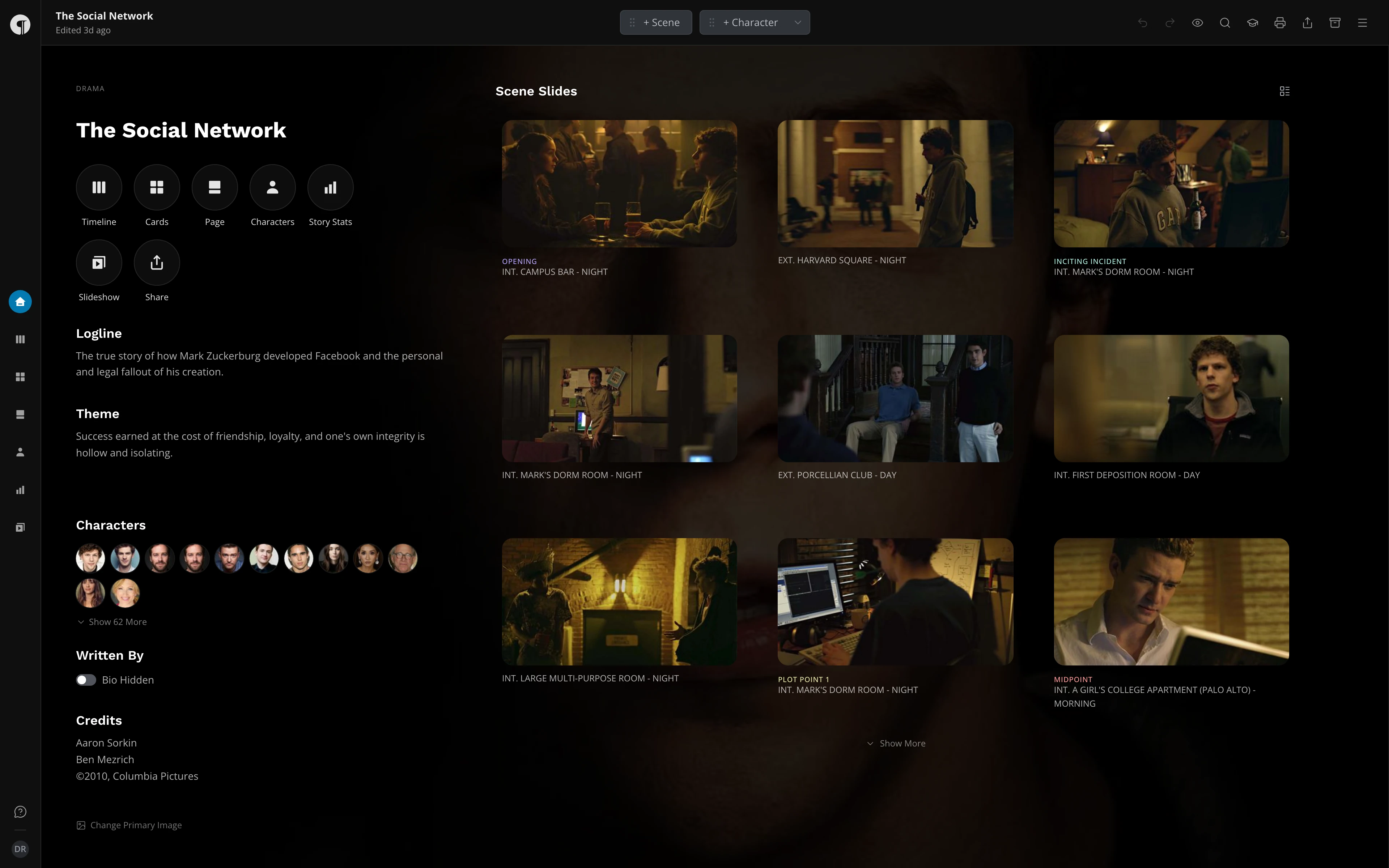The Home view: the story's title, the buttons for the other views, the logline and theme, the character pictures, and Scene Slides on the right