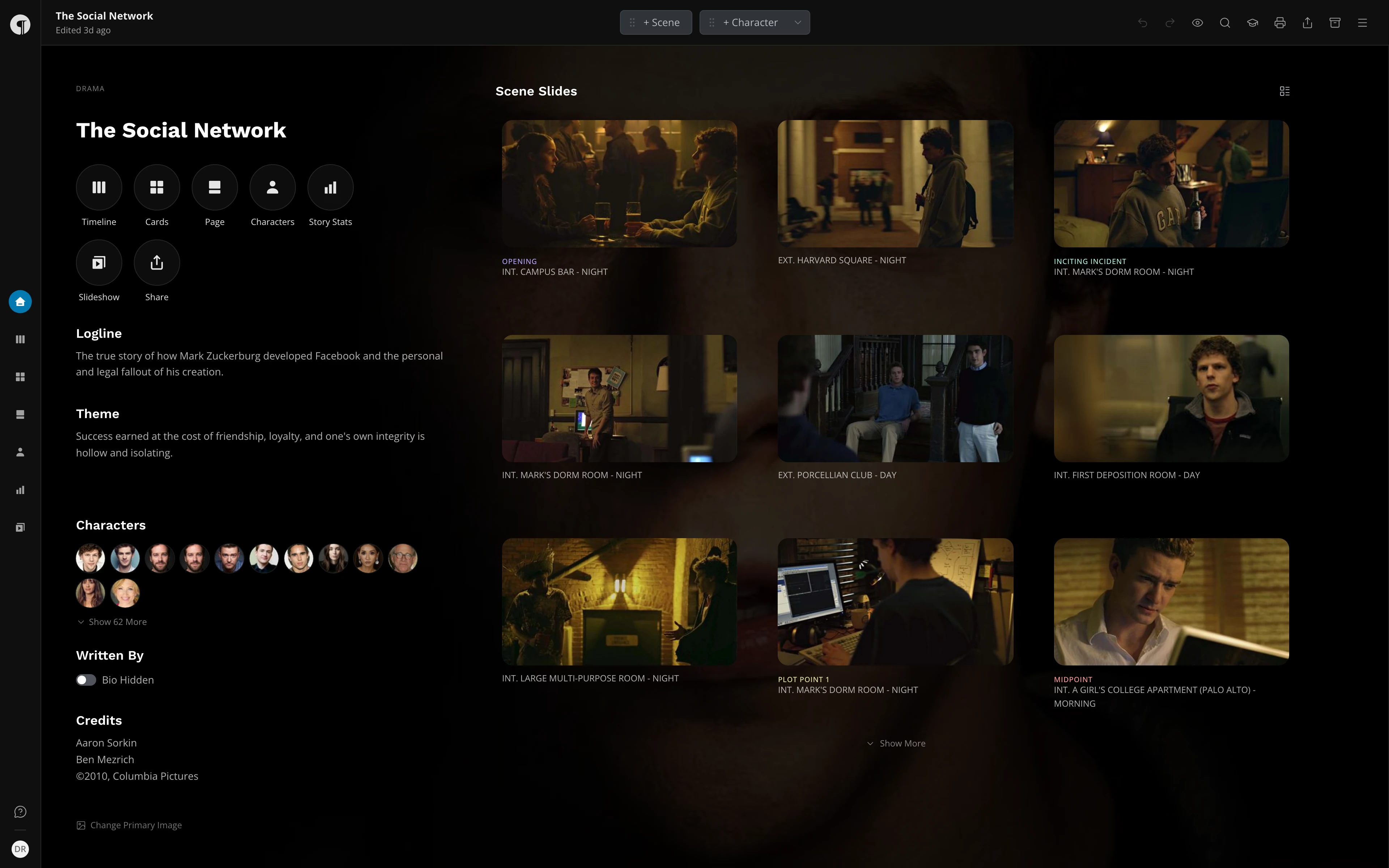 The Home view: the story's title, the buttons for the other views, the logline and theme, the character pictures, and Scene Slides on the right