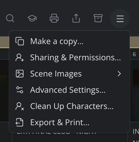 The story menu open, with Make a copy, Sharing & Permissions, Scene Images, Advanced Settings and Export & Print