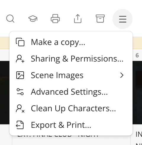 The story menu open, with Make a copy, Sharing & Permissions, Scene Images, Advanced Settings and Export & Print