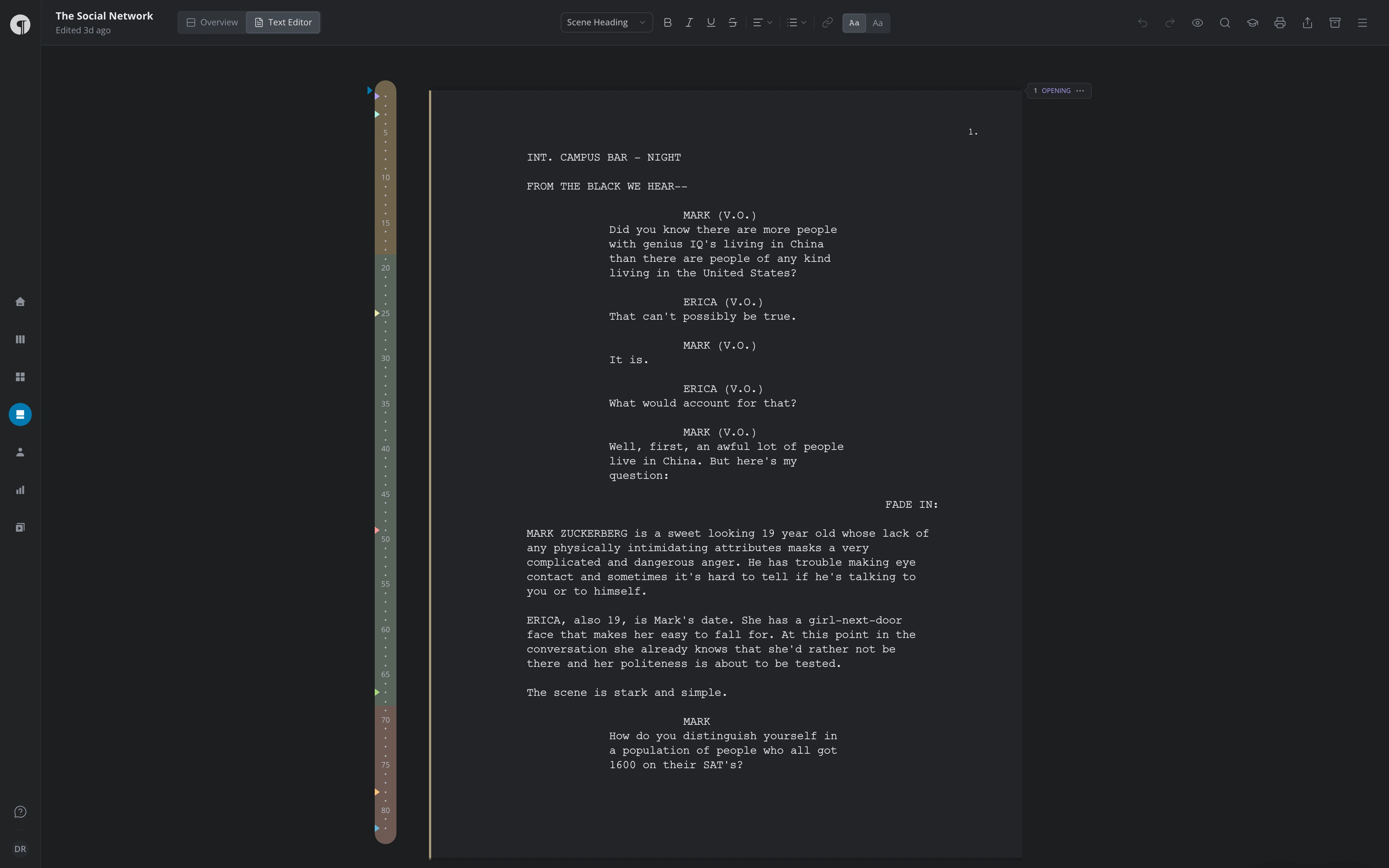 The Page view in Text Editor mode: the Overview / Text Editor switch and the formatting tools in the header, the scene strip down the left, and the script on a page
