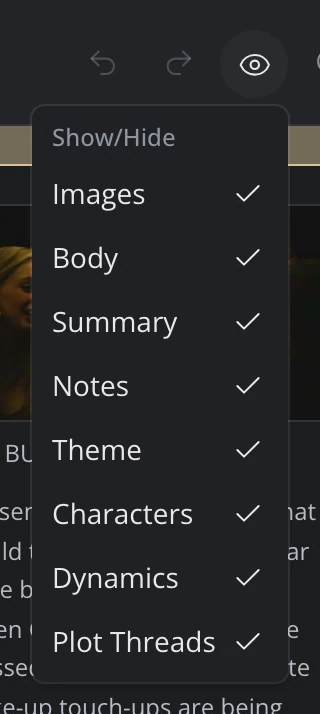 The Show/Hide menu open in the Timeline, listing its rows with a checkbox each