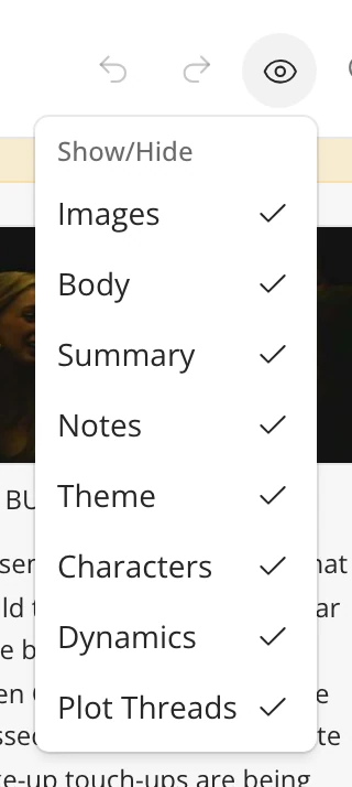 The Show/Hide menu open in the Timeline, listing its rows with a checkbox each