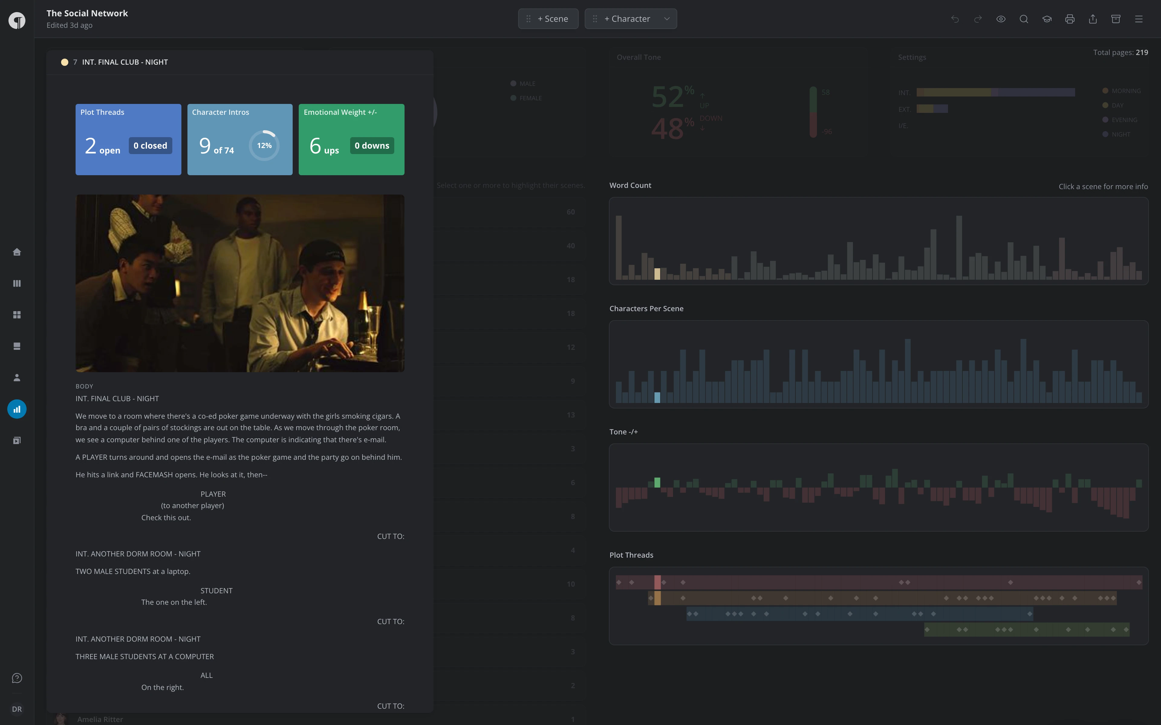 The Stats view with a scene's details open in a panel on the left, beside the charts