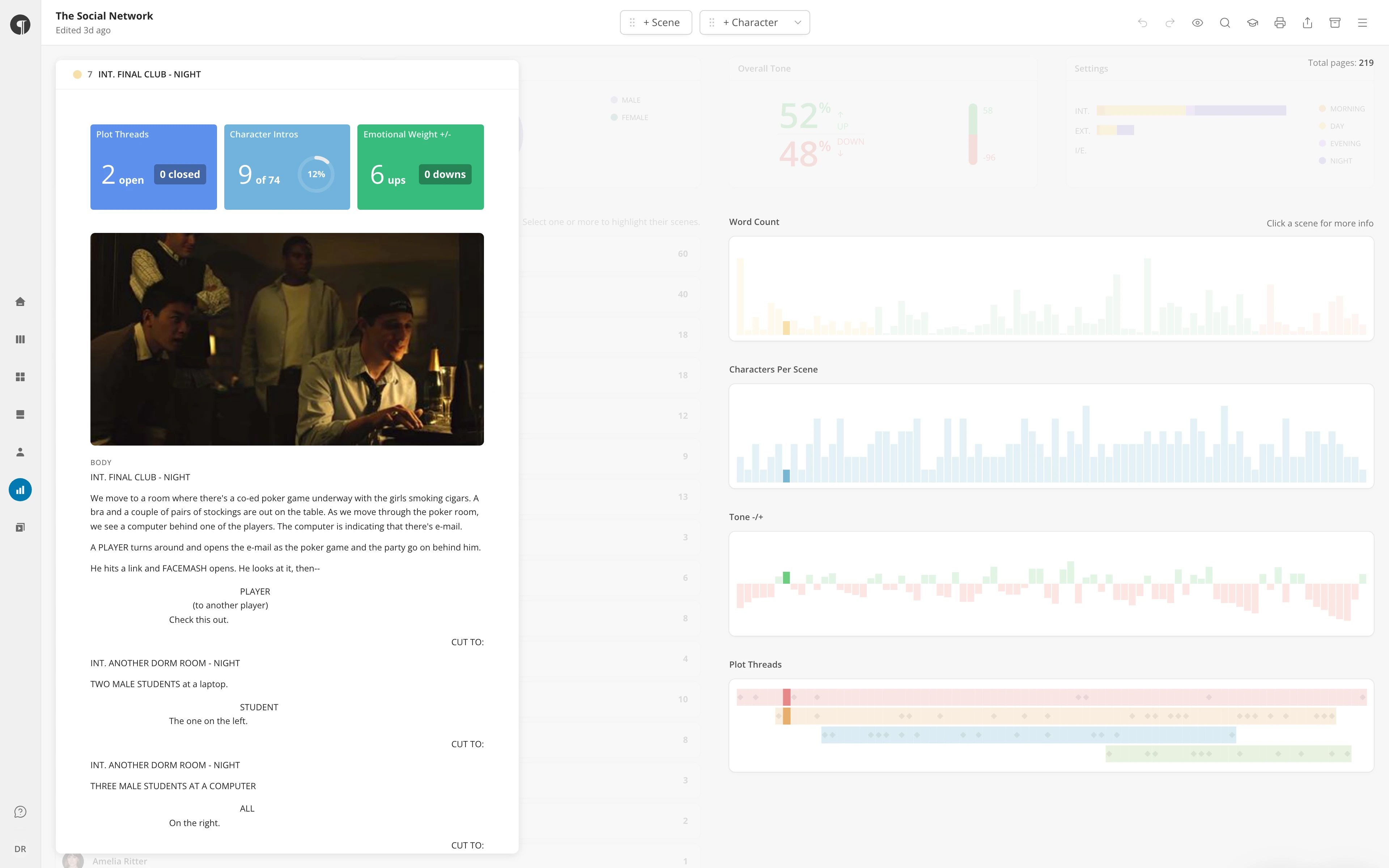 The Stats view with a scene's details open in a panel on the left, beside the charts