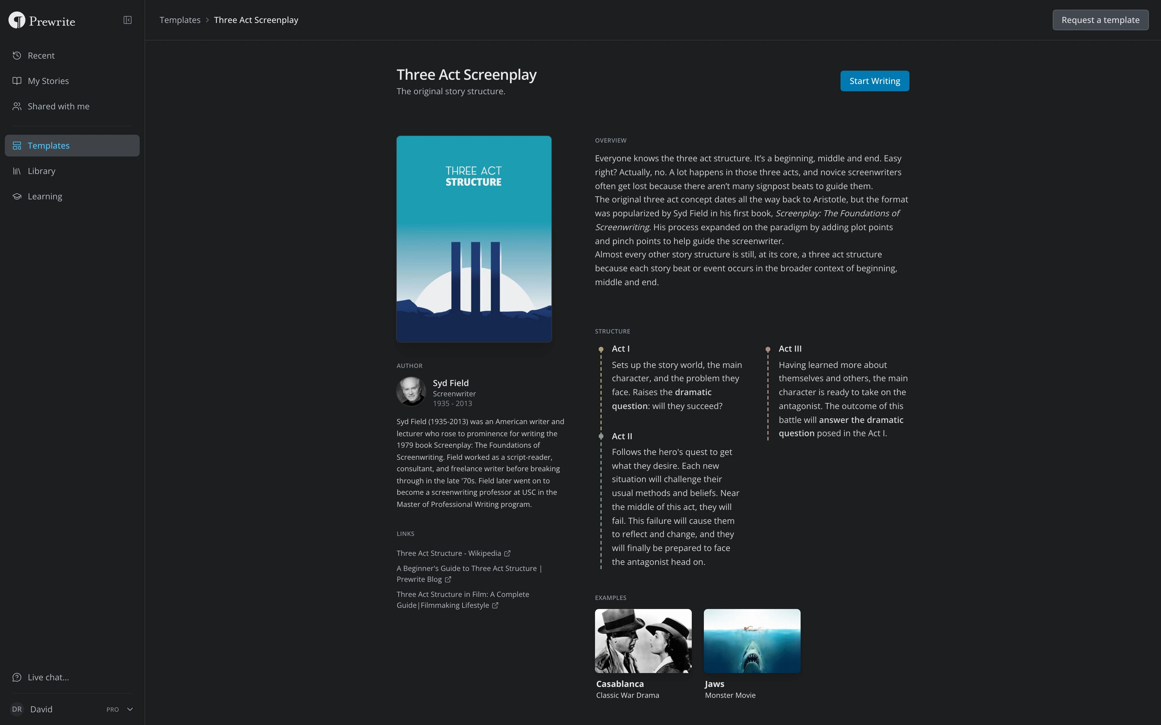 The Three Act Screenplay template's page, with Start Writing in its header, the cover and author on the left, and the Overview and Structure on the right