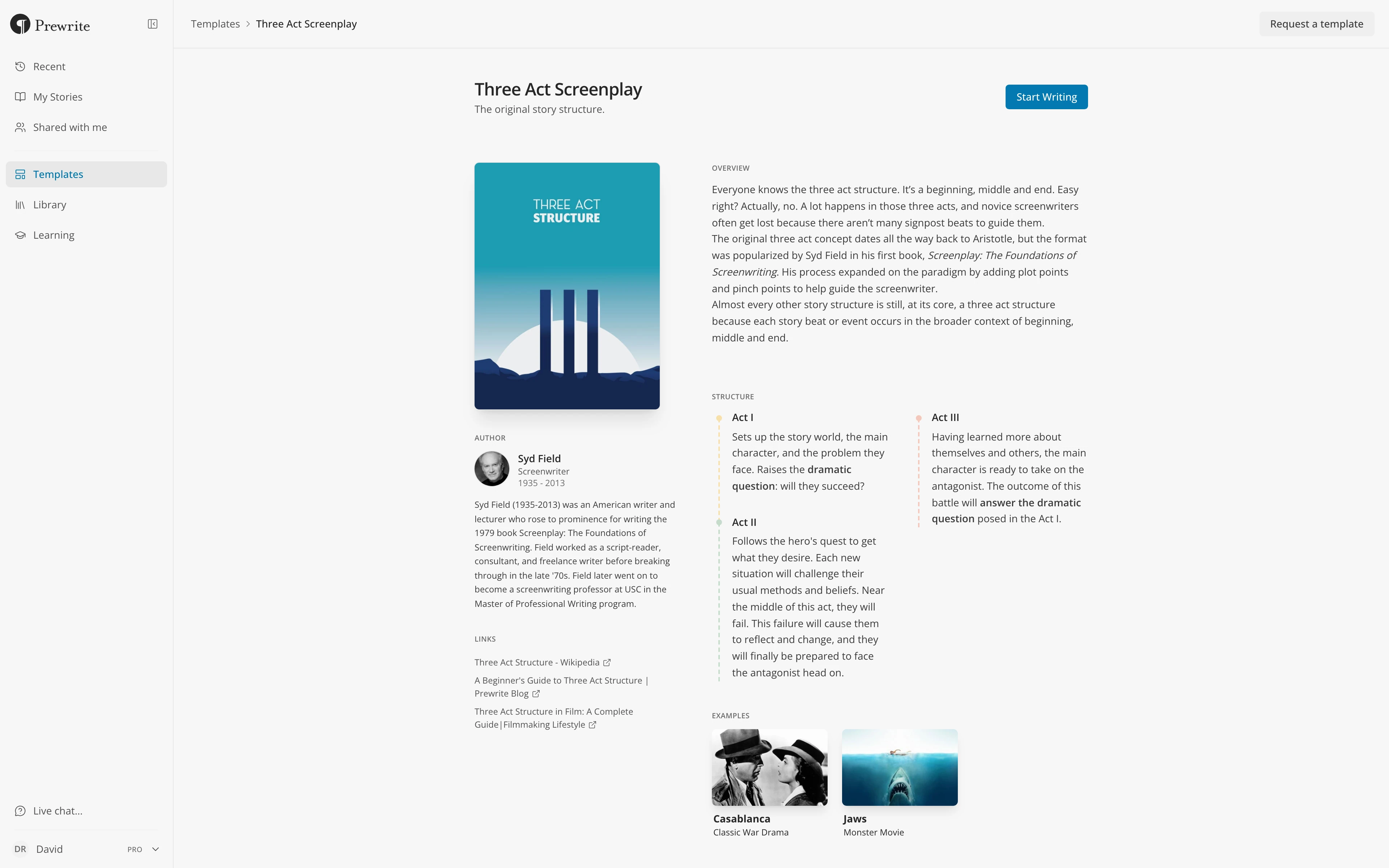 The Three Act Screenplay template's page, with Start Writing in its header, the cover and author on the left, and the Overview and Structure on the right