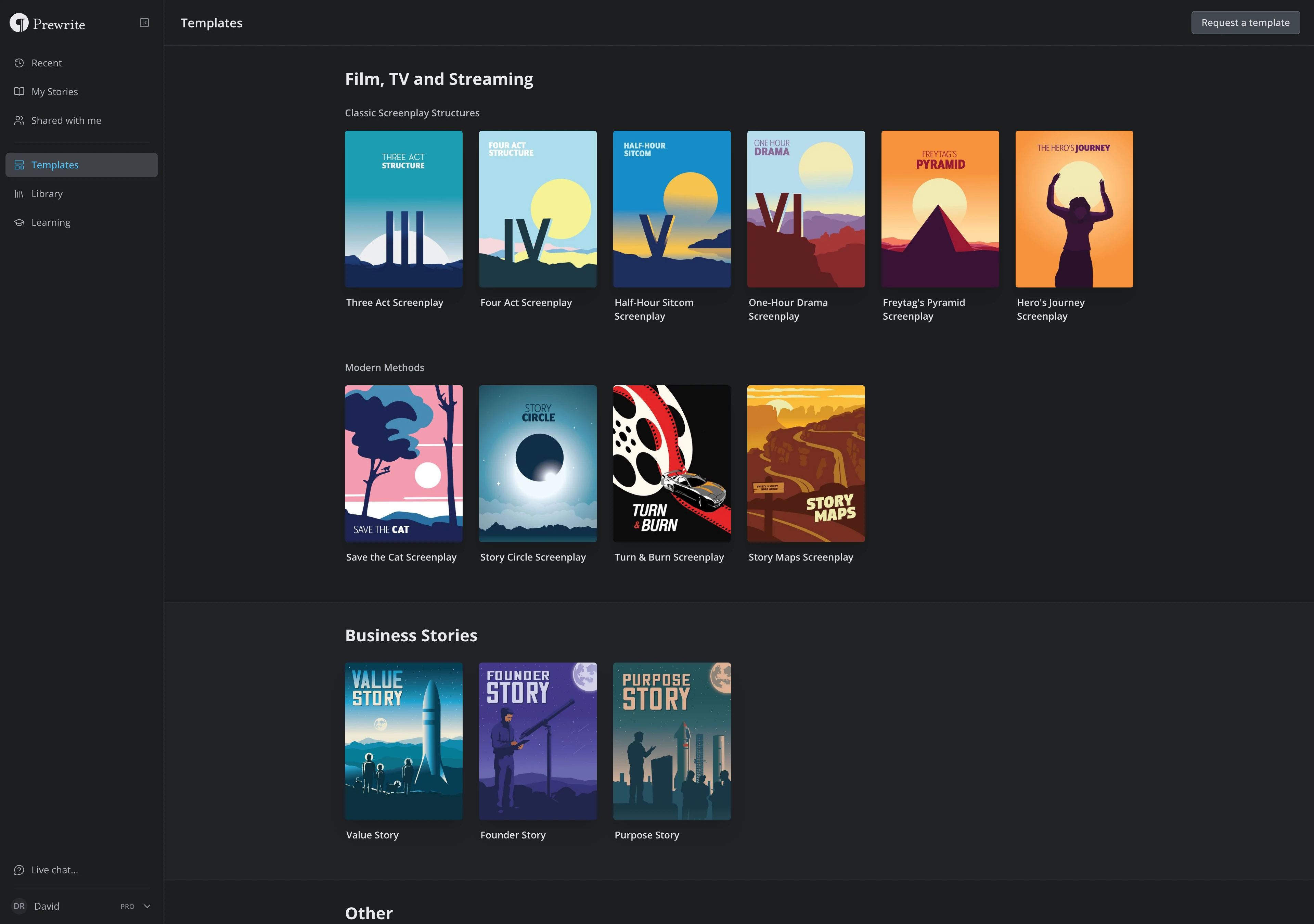 The Templates page, with the Film, TV and Streaming section's Classic Screenplay Structures and Modern Methods rows
