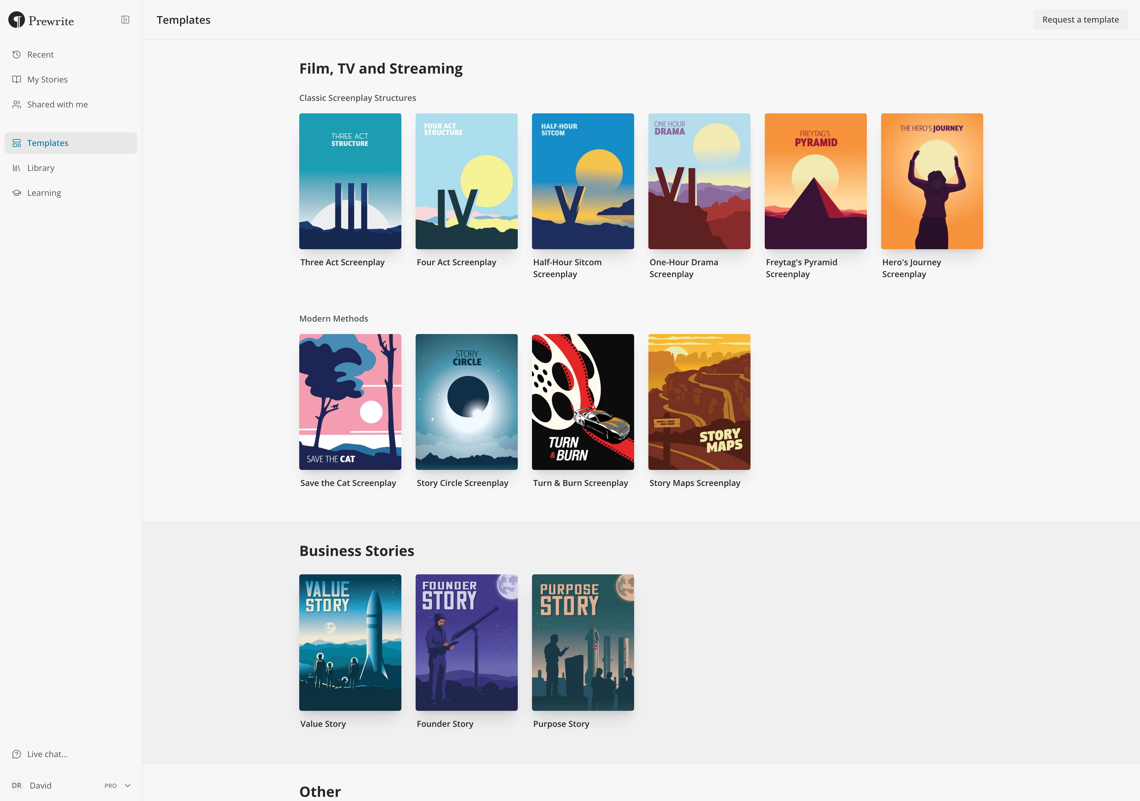 The Templates page, with the Film, TV and Streaming section's Classic Screenplay Structures and Modern Methods rows